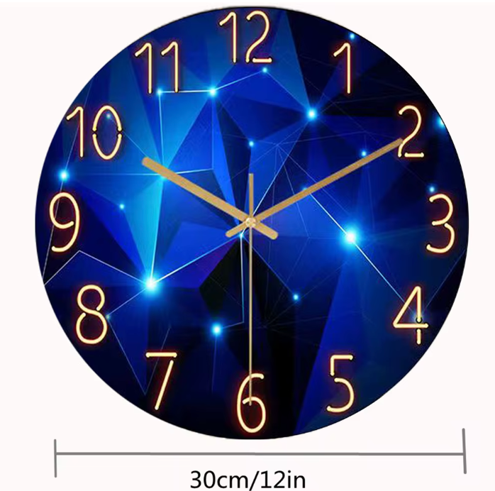 Moderne Wanduhr aus gehärtetem Glas – Geometrisches Design in Dunkelblau, geräuschlose Quarzuhr, 30cm