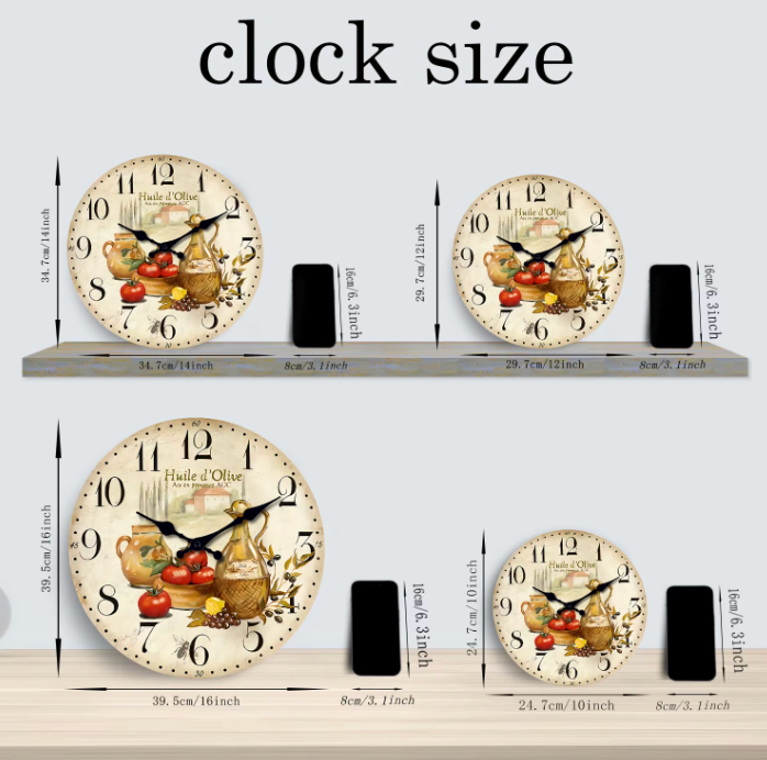 Retro Provence Holz Wanduhr – Geräuschlose Quarzuhr mit Olivenöl- & Tomatenmotiv