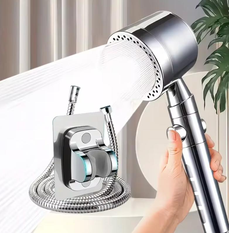 High-pressure shower head with water-saving filter - 5-mode hand shower with one-button stop