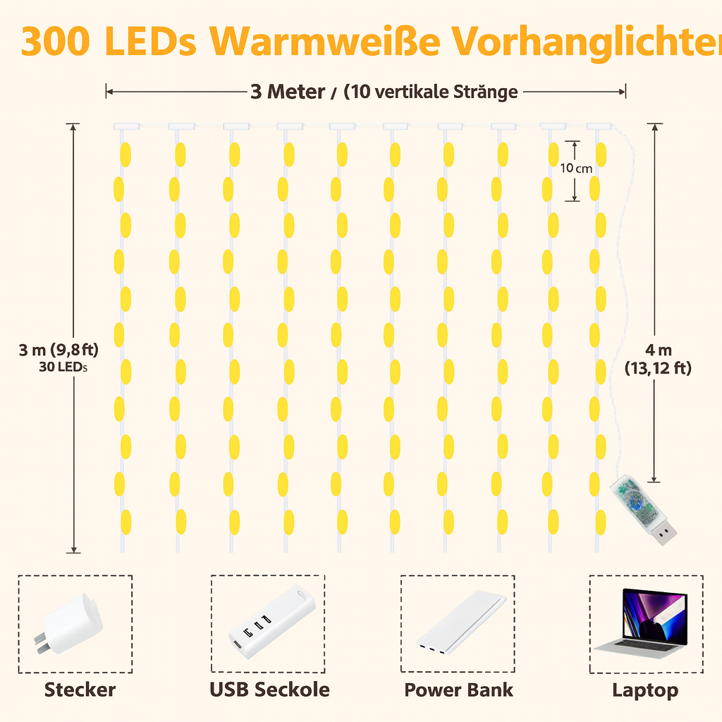 LED Lichtervorhang 3x3 m mit 300 LEDs - Weihnachtsbeleuchtung