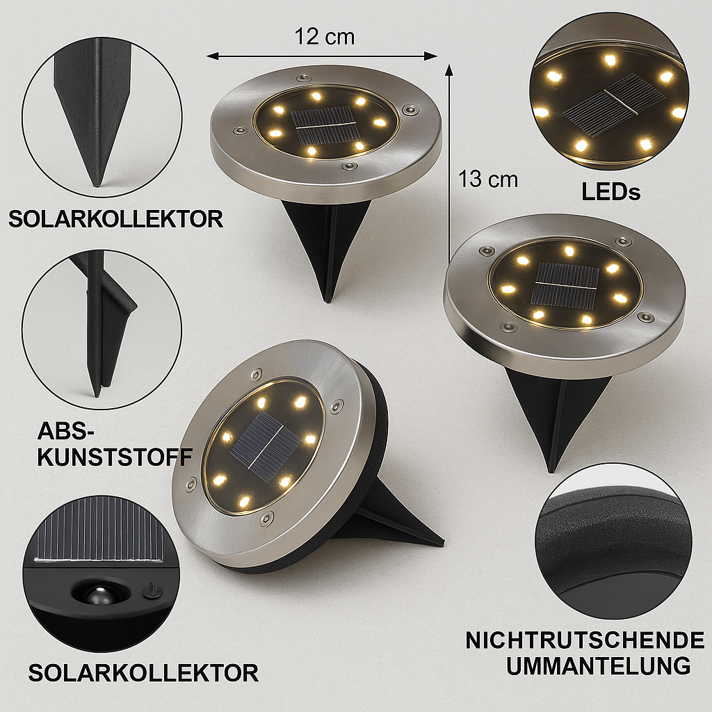 Solar LED Bodenleuchten IP65 – wasserdichte Outdoor Disk Lights mit 8 LEDs, 500 mAh Akku, rutschfest – Garten-, Weg- & Terrassenbeleuchtung