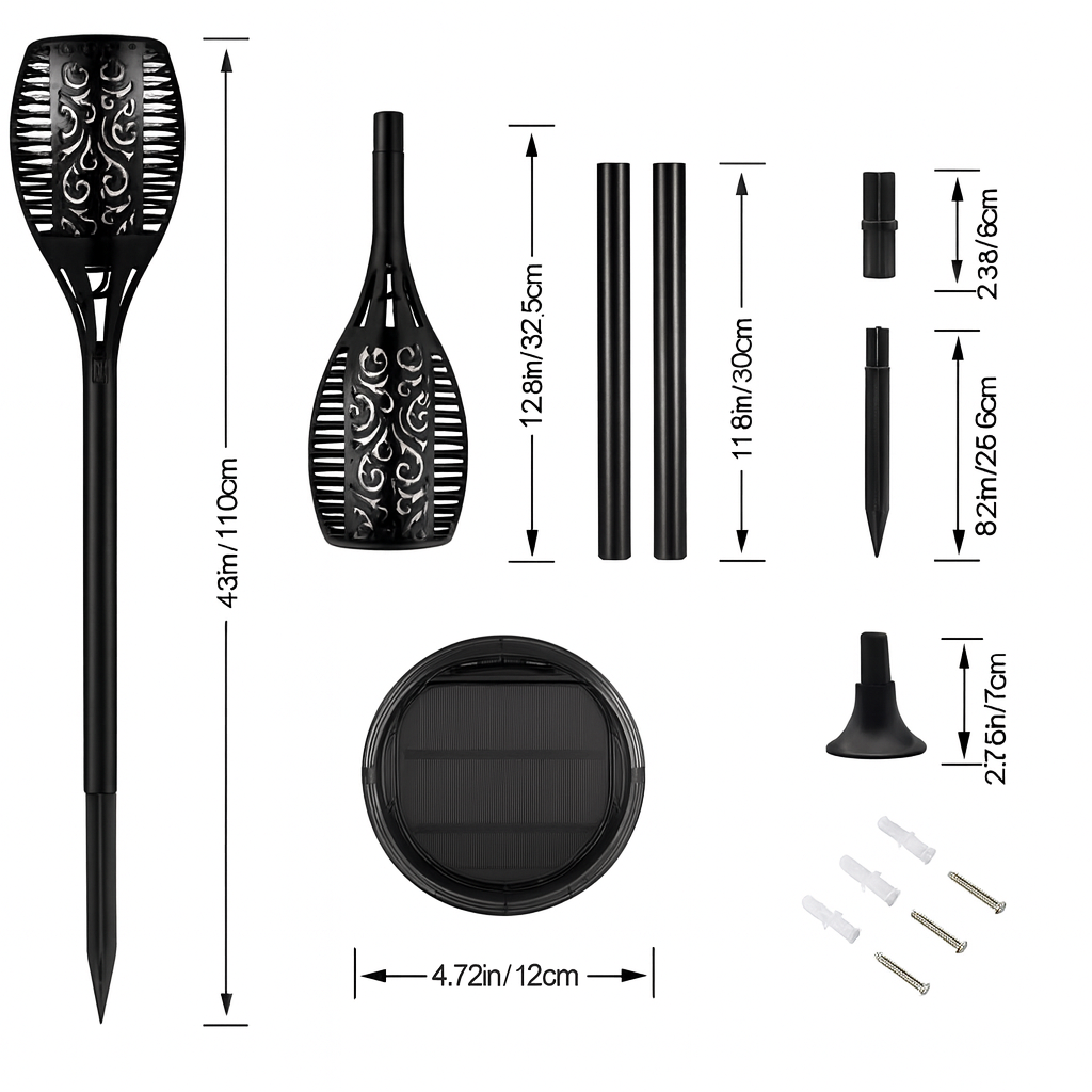 LED Solar Gartenfackeln Outdoor IP65 mit Erdspiess – 2er Set, Warmes Flammenlicht, 350 Lumen, 2200mAh Akku