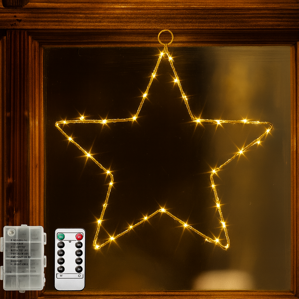 LED Stern Lichterkette – Fünfzackiger Leuchtstern mit 8 Modi & Timer | Warmweiß, Batteriebetrieben, Fensterdeko Innen & Außen