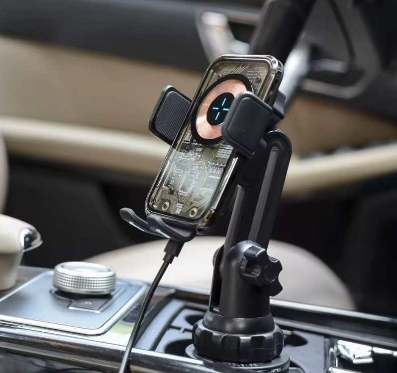 Kabelloses Auto-Ladegerät mit Getränkehalter-Klemmung – Robuste Kfz-Handyhalterung mit Schnellladefunktion