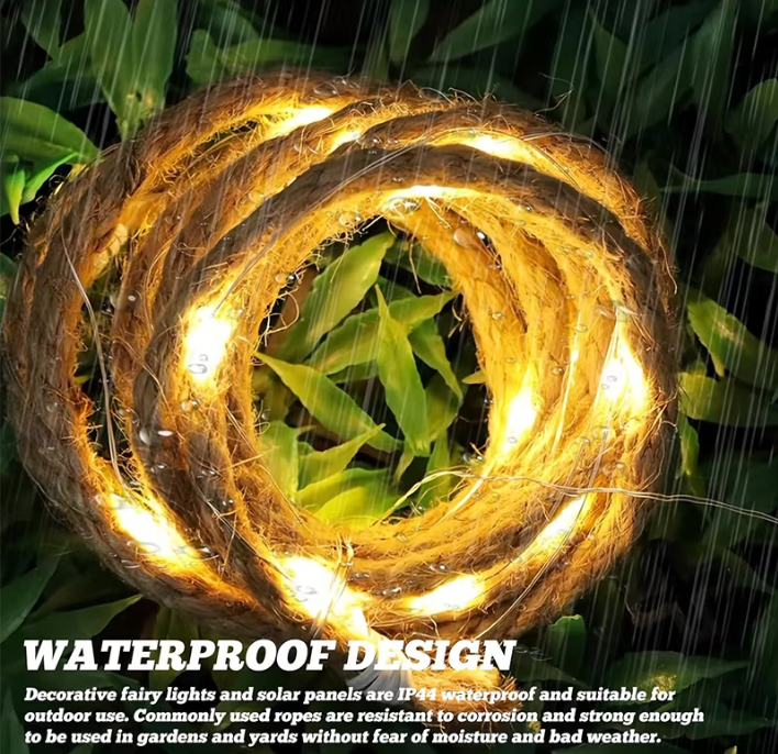 Solar LED Hanfseil Lichterkette 7 m – Retro Garten Dekorationsleuchte mit 50 LEDs