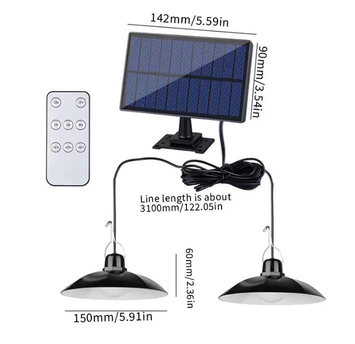 Solar LED Pendelleuchte mit Fernbedienung – Einzel- oder Doppelkopf Solar Hängelampe für Außenbereich
