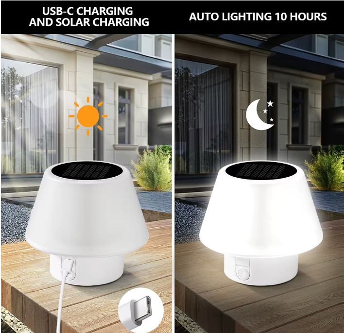 Solar LED Tischlampe für Außenbereich – Tragbare Camping- & Gartenlampe mit USB-C & Solarladung