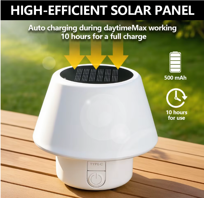 Solar LED Tischlampe für Außenbereich – Tragbare Camping- & Gartenlampe mit USB-C & Solarladung