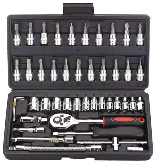 46-teiliges Ratschenschlüssel-Set 1/4 Zoll – Steckschlüsselsatz mit Bits & Verlängerungen für Auto & DIY