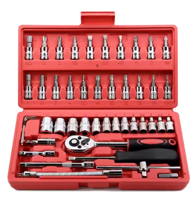 46-teiliges Ratschenschlüssel-Set 1/4 Zoll – Steckschlüsselsatz mit Bits & Verlängerungen für Auto & DIY