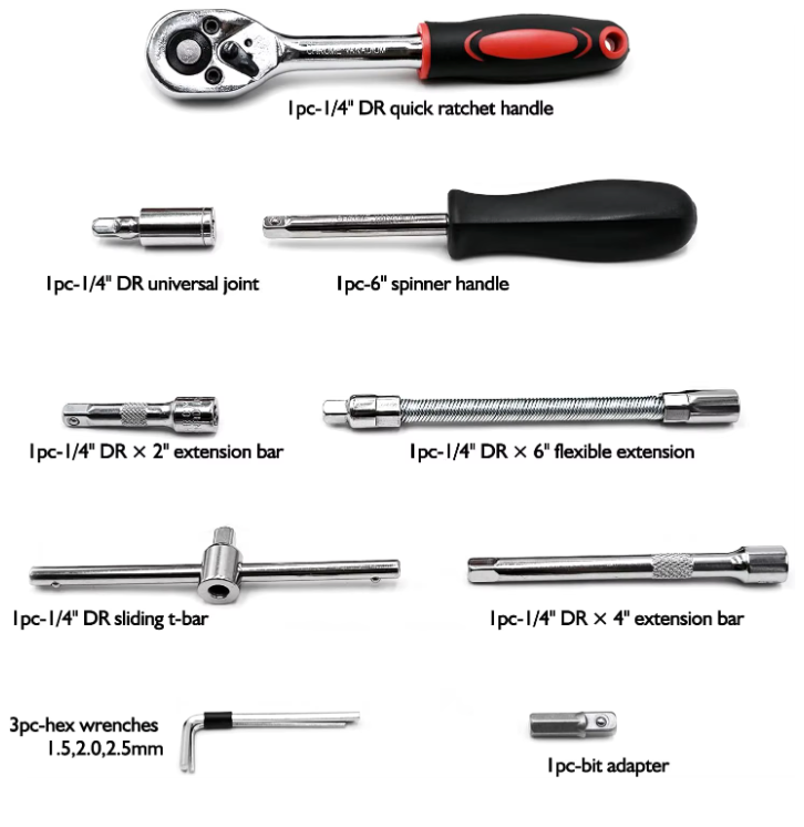 46-teiliges Ratschenschlüssel-Set 1/4 Zoll – Steckschlüsselsatz mit Bits & Verlängerungen für Auto & DIY