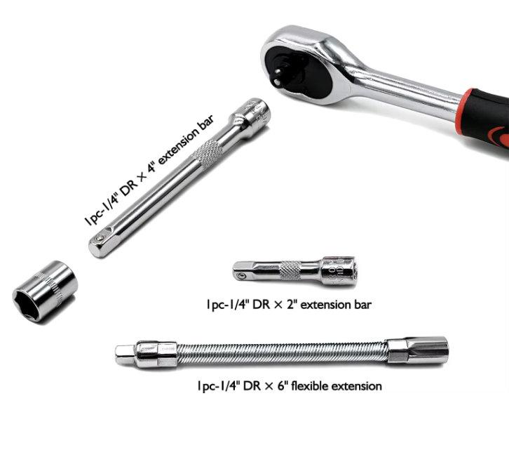 46-teiliges Ratschenschlüssel-Set 1/4 Zoll – Steckschlüsselsatz mit Bits & Verlängerungen für Auto & DIY