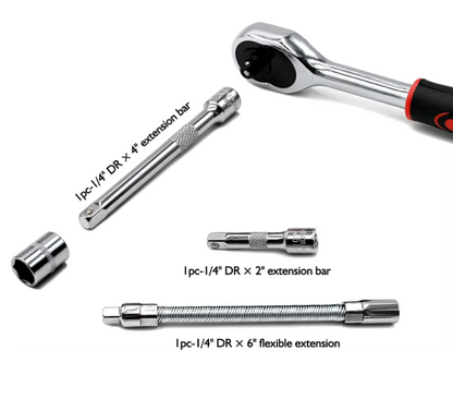 46-teiliges Ratschenschlüssel-Set 1/4 Zoll – Steckschlüsselsatz mit Bits & Verlängerungen für Auto & DIY
