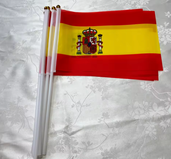 Spanien Flagge Handfahne (5er/10er Set) - 14 x 21 cm kleine Nationalflagge mit Fahnenmast aus Kunststoff - Handflagge für Feier & Deko