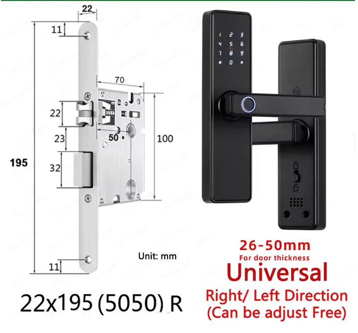 Biometric Fingerprint Door Lock - Electronic Smart Door Lock with App, Code, Card & Key