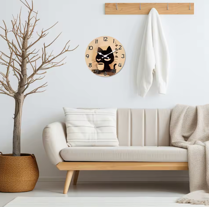 Retro Holz Wanduhr Schwarze Katze – Stille Quarzuhr für Wohnzimmer, Küche & Schlafzimmer