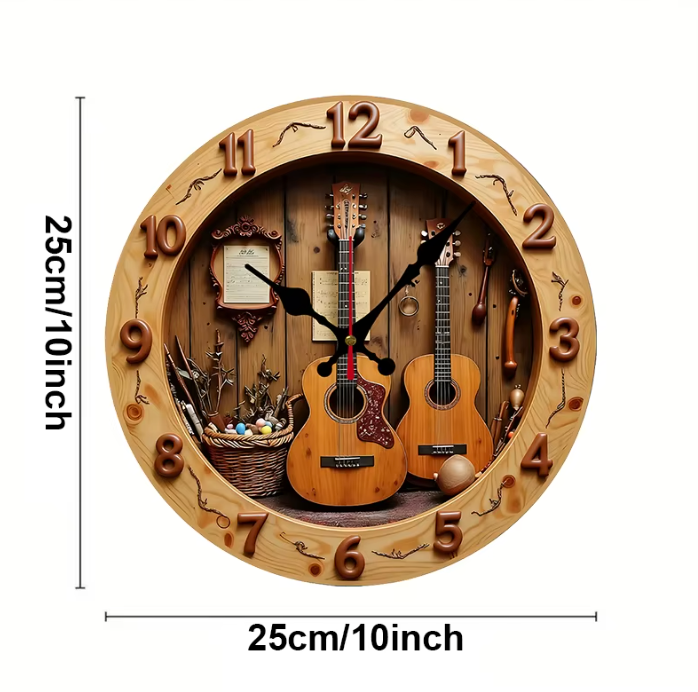 Runde Holz Wanduhr Gitarre – Geräuschlose Quarzuhr für Wohnzimmer, Büro & Schlafzimmer