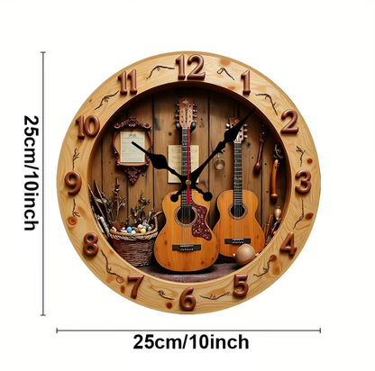 Runde Holz Wanduhr Gitarre – Geräuschlose Quarzuhr für Wohnzimmer, Büro & Schlafzimmer