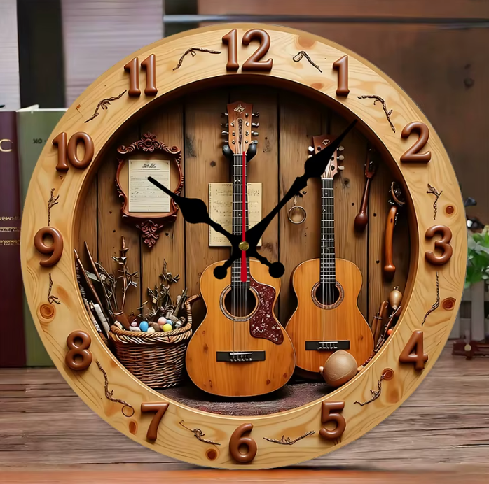 Runde Holz Wanduhr Gitarre – Geräuschlose Quarzuhr für Wohnzimmer, Büro & Schlafzimmer