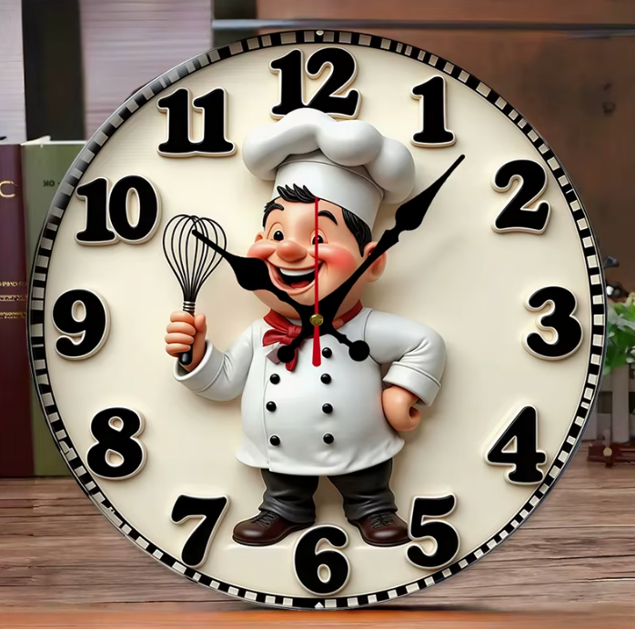 Runde Holz Wanduhr „Happy Chef Kitchen“ – Geräuschlose Küchenuhr für Wohnzimmer & Büro