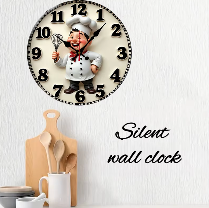 Runde Holz Wanduhr „Happy Chef Kitchen“ – Geräuschlose Küchenuhr für Wohnzimmer & Büro
