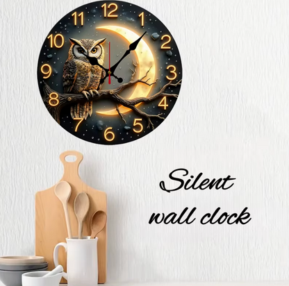 Runde Eulen Wanduhr „Moonlight Night“ – Geräuschlose Quarzuhr für Wohnzimmer & Schlafzimmer