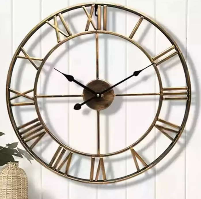 Grosse 3D Metall Wanduhr mit römischen Ziffern – Geräuschlose Quarzuhr im Retro-Design (40 cm)