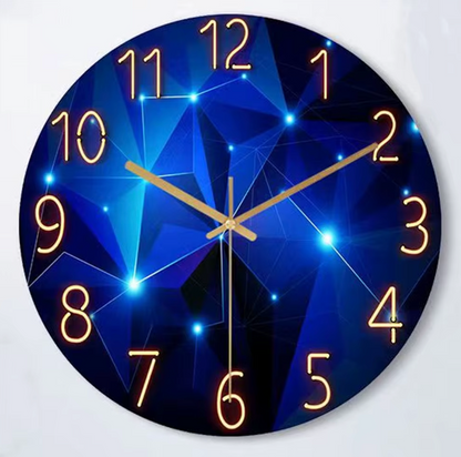 Moderne Wanduhr aus gehärtetem Glas – Geometrisches Design in Dunkelblau, geräuschlose Quarzuhr, 30cm