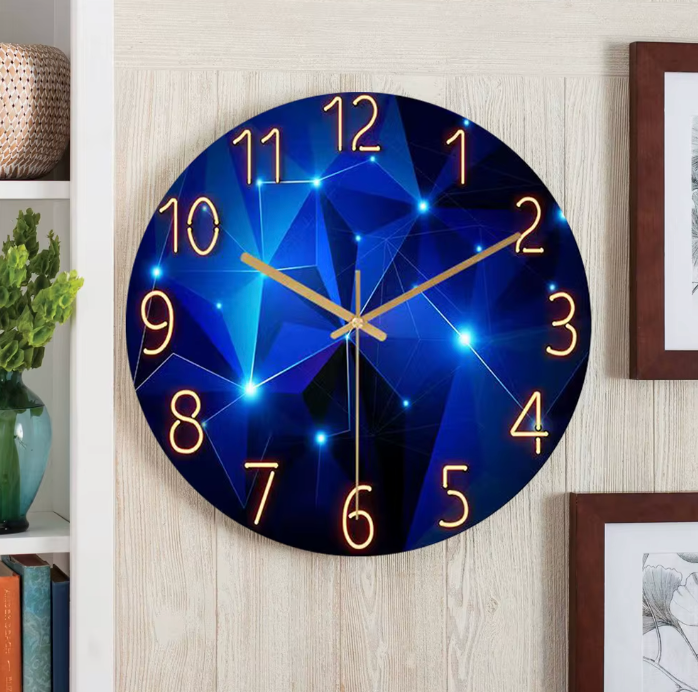 Moderne Wanduhr aus gehärtetem Glas – Geometrisches Design in Dunkelblau, geräuschlose Quarzuhr, 30cm