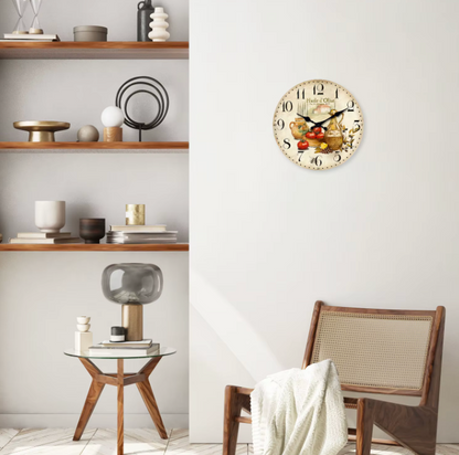 Retro Provence Holz Wanduhr – Geräuschlose Quarzuhr mit Olivenöl- & Tomatenmotiv