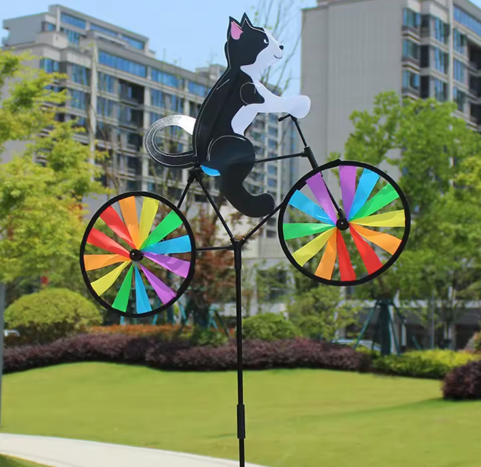 Tier Fahrrad Windrad Gartenfigur – 3D Cartoon Windmühle aus Harz & Metall für Garten und Hof