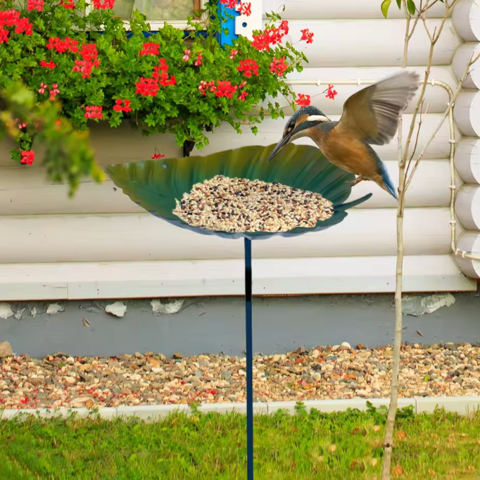 Vogelbad & Vogelfutterstation aus Metall – Blattform mit abnehmbarer Stange für Garten & Hof
