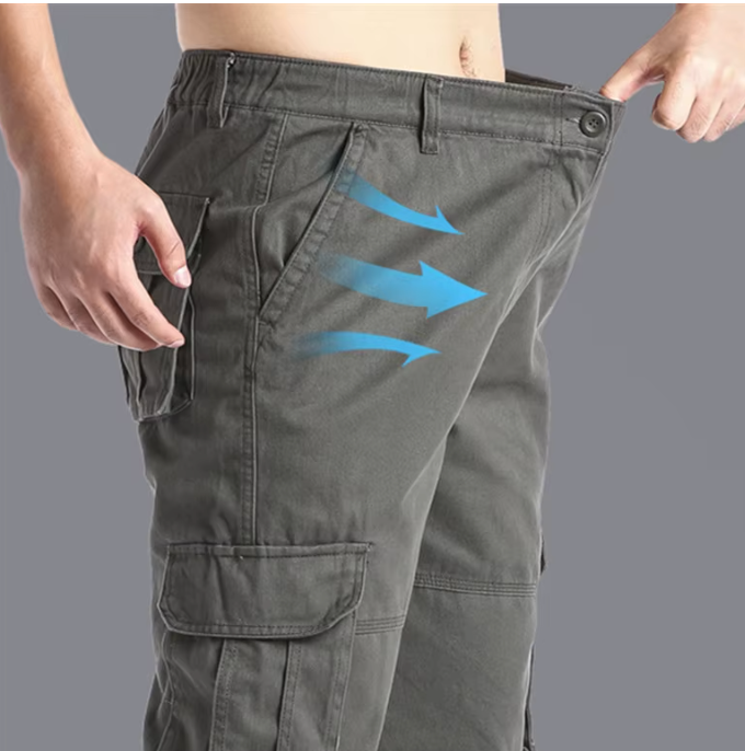 Men's cargo trousers made of cotton - loose outdoor jogging and work trousers with elastic waistband and large pockets