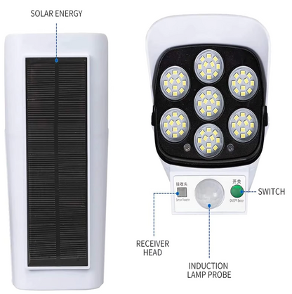 Solar-Sicherheitsflutlicht mit Bewegungsmelder, | 2000 Lumen, 77 LEDs | 3 Beleuchtungsmodi & Fernbedienung | Außenwandleuchte