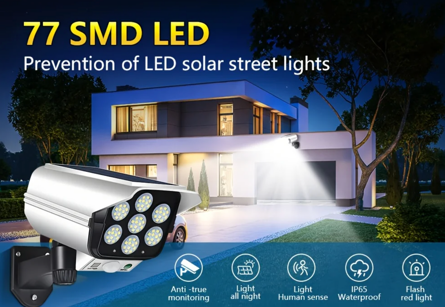 Solar-Sicherheitsflutlicht mit Bewegungsmelder, | 2000 Lumen, 77 LEDs | 3 Beleuchtungsmodi & Fernbedienung | Außenwandleuchte