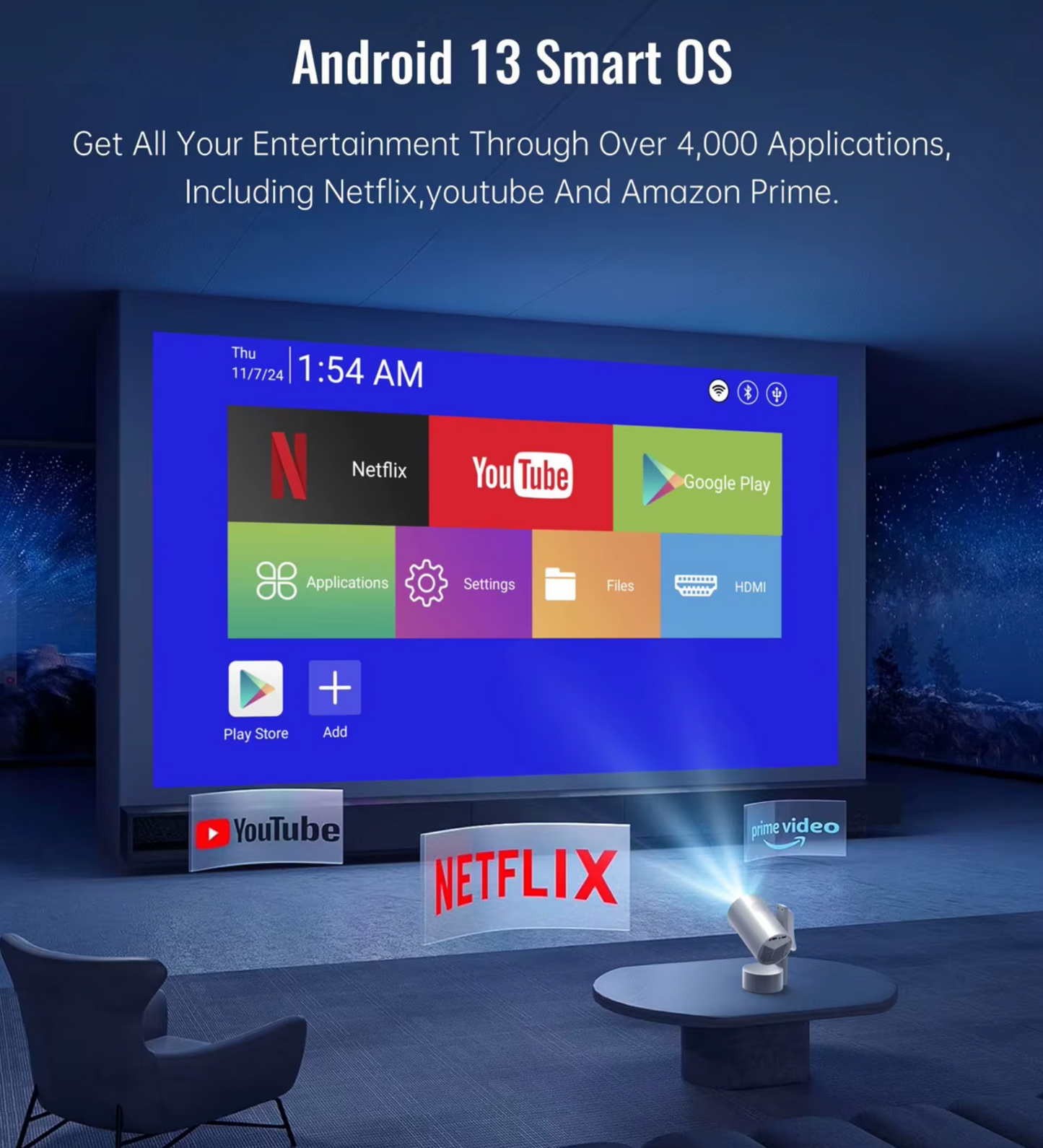 CINEPOD One – Smarter 1080p Akku-Beamer mit Android 13 & 270° Schwenkkopf