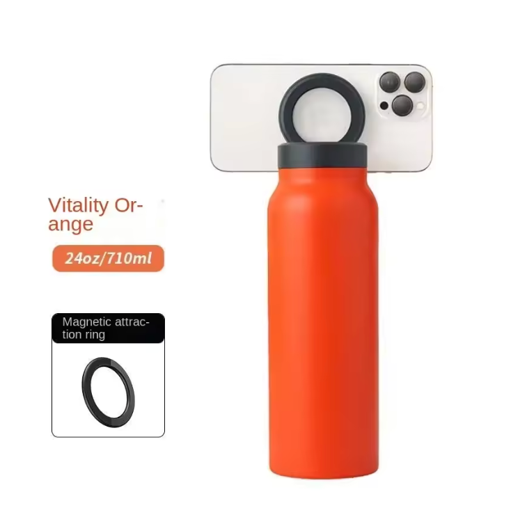 Isolierte Sport-Trinkflasche aus Edelstahl mit magnetischer Handyhalterung