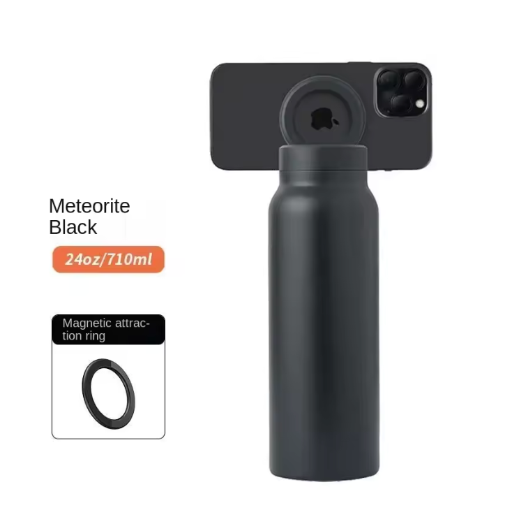 Isolierte Sport-Trinkflasche aus Edelstahl mit magnetischer Handyhalterung