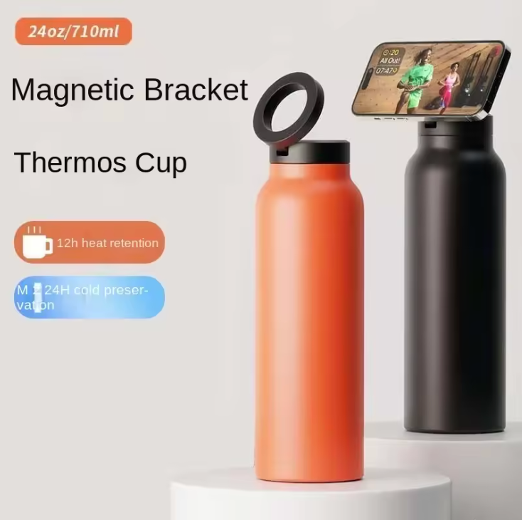 Isolierte Sport-Trinkflasche aus Edelstahl mit magnetischer Handyhalterung