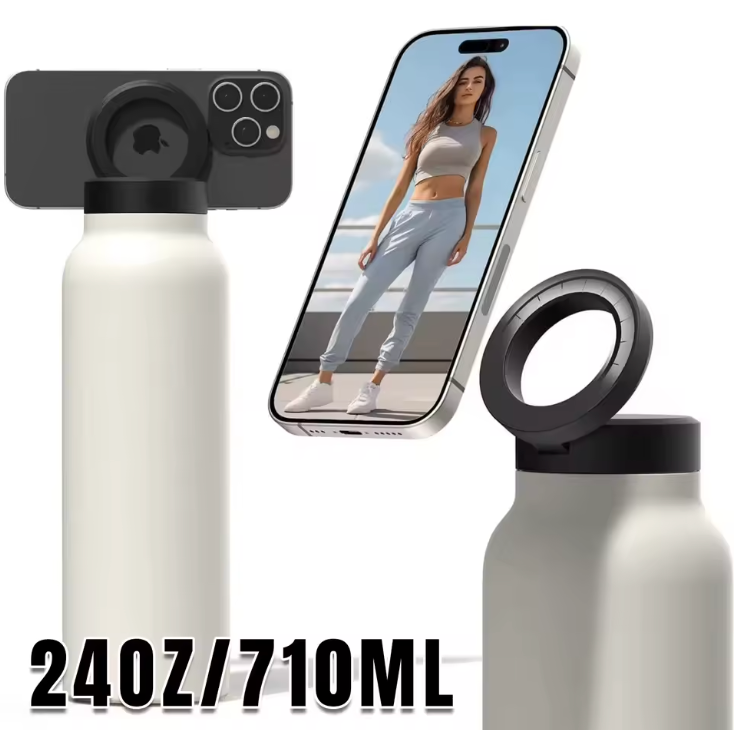 Isolierte Sport-Trinkflasche aus Edelstahl mit magnetischer Handyhalterung