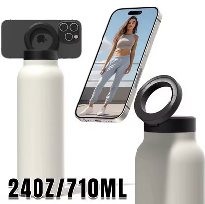 Isolierte Sport-Trinkflasche aus Edelstahl mit magnetischer Handyhalterung