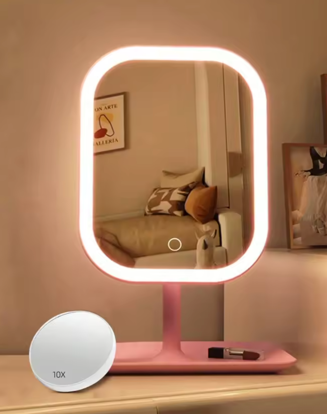 LED Kosmetikspiegel mit 3 Lichtfarben und 10-facher Vergrößerung – Touch-Bedienung
