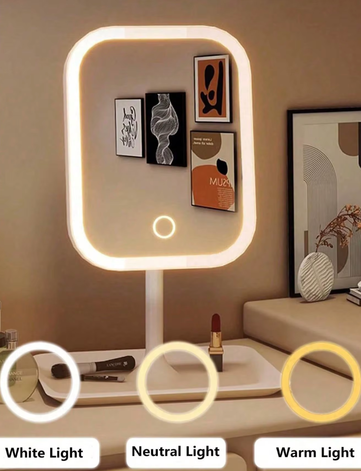 LED Kosmetikspiegel mit 3 Lichtfarben und 10-facher Vergrößerung – Touch-Bedienung