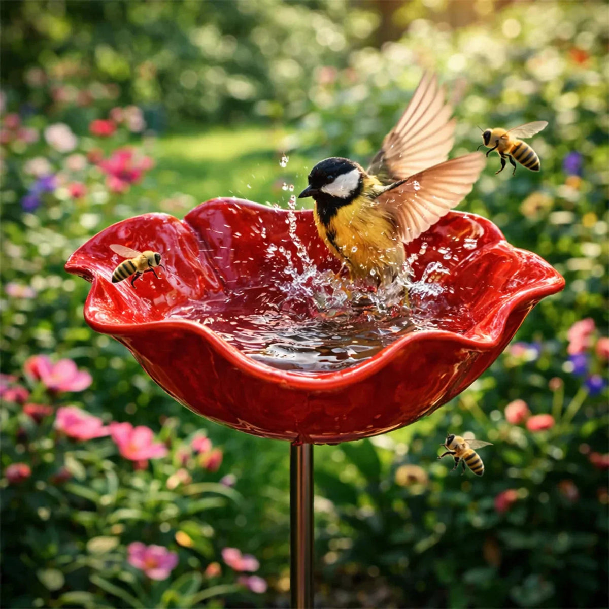 Blütenförmige Vogelfutterstation für Garten mit Wasserstelle | Attraktive Dekoration für Vögel und Bestäuber 5