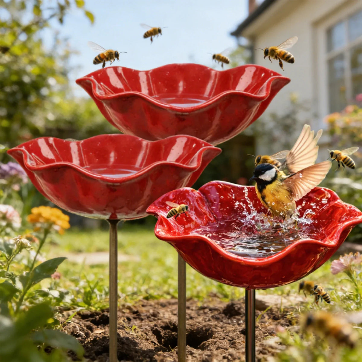 Blütenförmige Vogelfutterstation für Garten mit Wasserstelle | Attraktive Dekoration für Vögel und Bestäuber 7