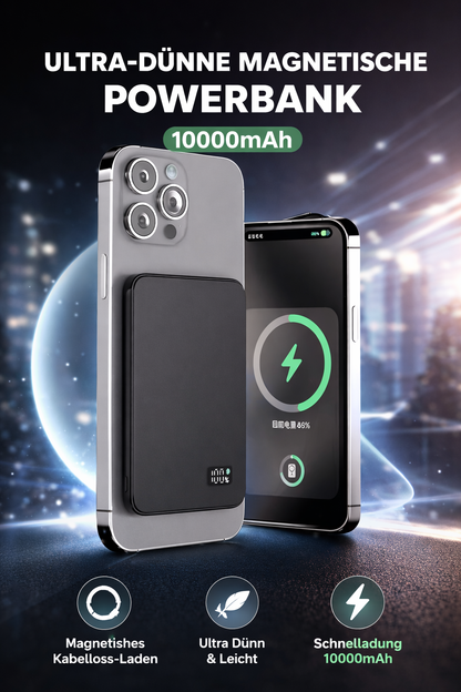 Ultradünne MagSafe Powerbank 10000 mAh – Magnetische kabellose Schnellladung – Tragbarer Akku