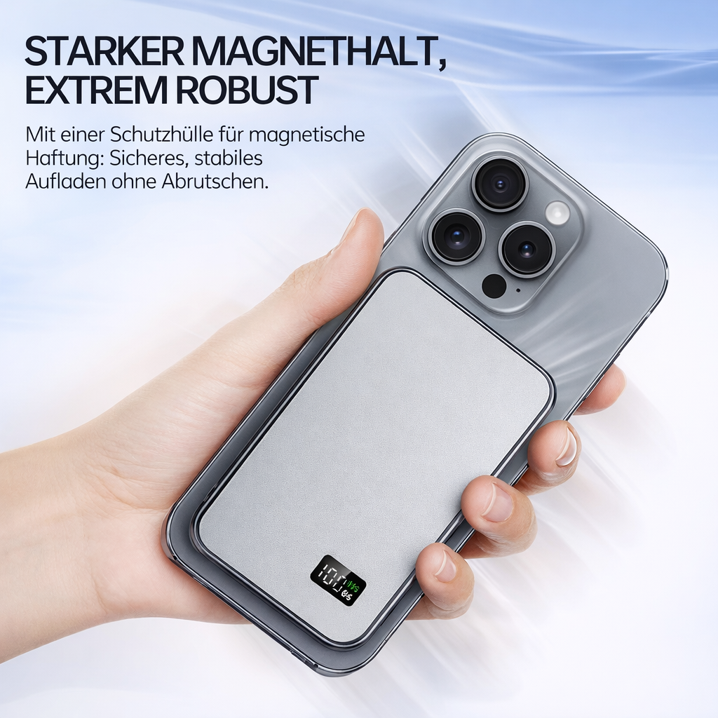 Ultradünne MagSafe Powerbank 10000 mAh – Magnetische kabellose Schnellladung – Tragbarer Akku