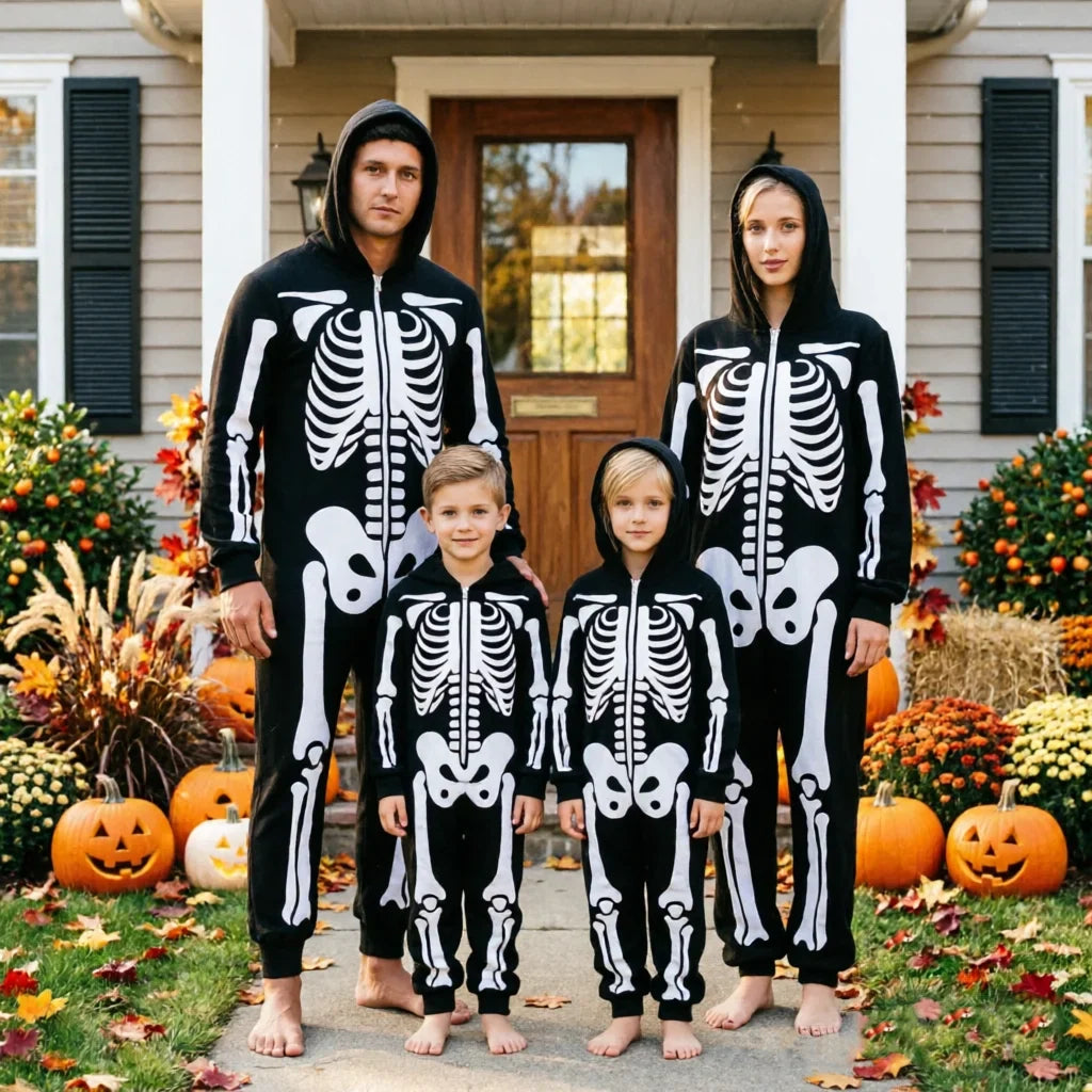 Familien-Skelett-Kostüm | Kapuzenoverall mit Markanten Knochengrafiken | Perfekter Look für Halloween 8