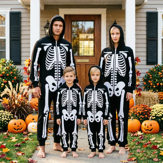 Familien-Skelett-Kostüm | Kapuzenoverall mit Markanten Knochengrafiken | Perfekter Look für Halloween 8