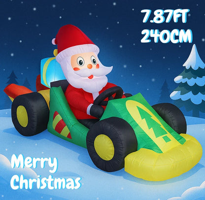 Festliche Weihnachtsdekoration | 7,9 Fuß aufblasbares Rennwagen mit Weihnachtsmann | Auffällige Garten-Deko für große Freude 3